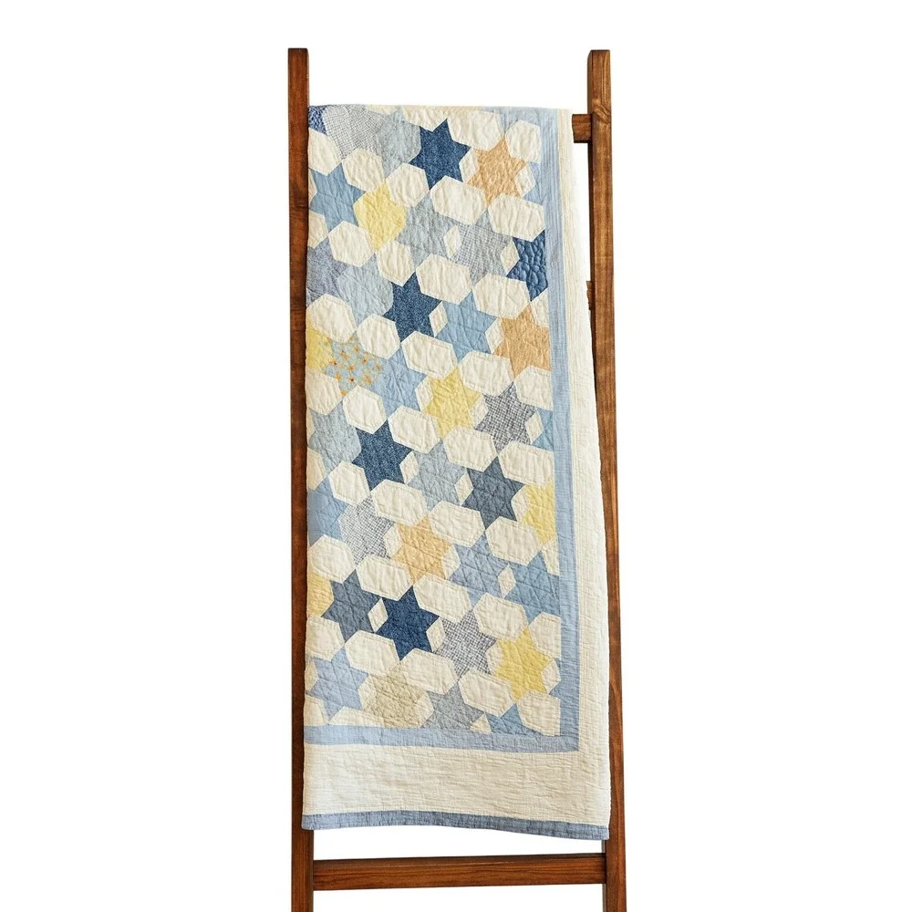 70s‎ heirloom Star patch Quilt 86x81 Handmade Cottagecore Farmhouse Blue Cream